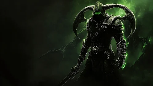 Dark horned warrior glowing with eerie green power.