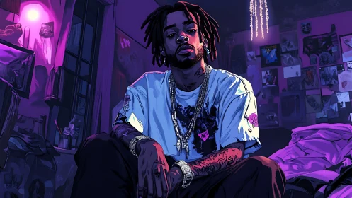 Midnight neon wraps a brooding rapper in violet solitude