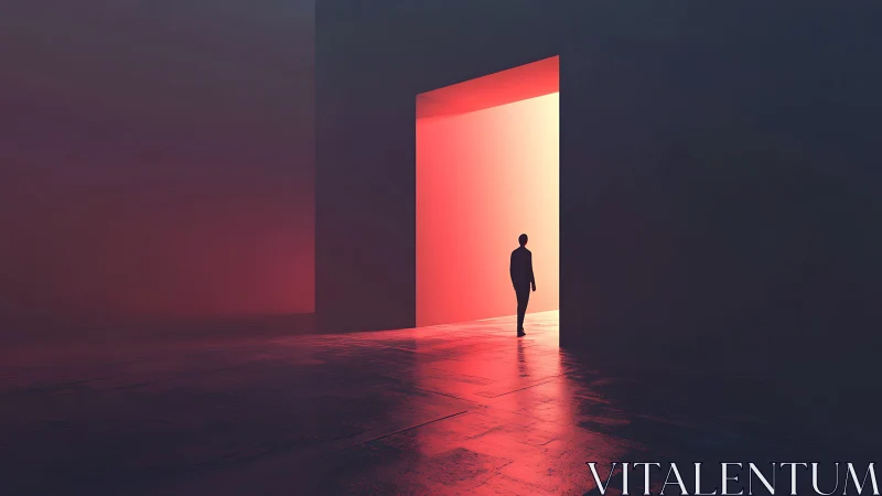 Silhouette entering overscaled portal in saturated red void.