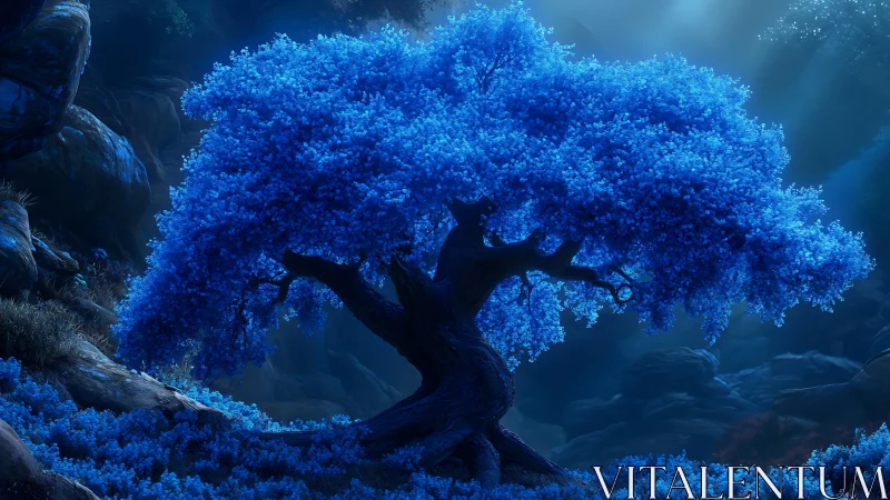 Blue luminous tree against dark rocky forest backdrop.