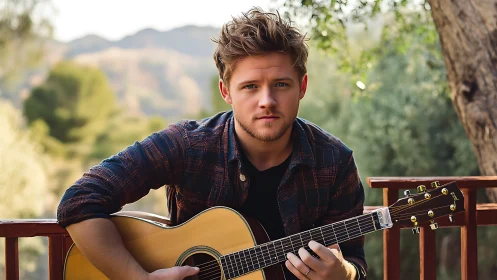 Sunlit acoustic guitarist on rustic outdoor balcony.