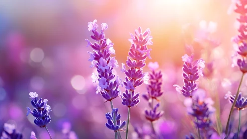 Purple Lavender Field in Soft Focus Bokeh Light.