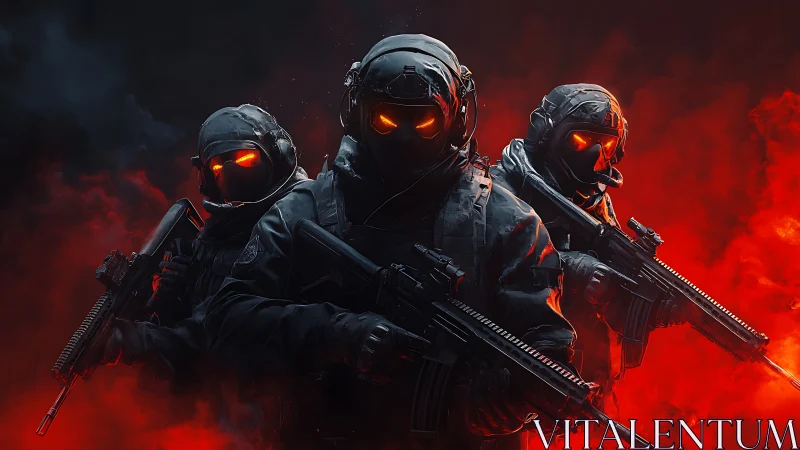 Armored soldiers emerge from red smoke in a tense standoff