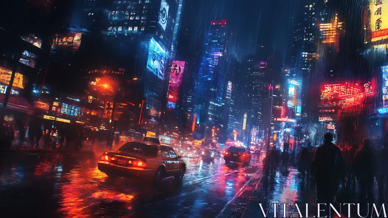 Neon city street in heavy rain with taxis and silhouettes.