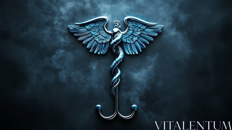 Metallic caduceus emblem with blue wings on smoky teal field.