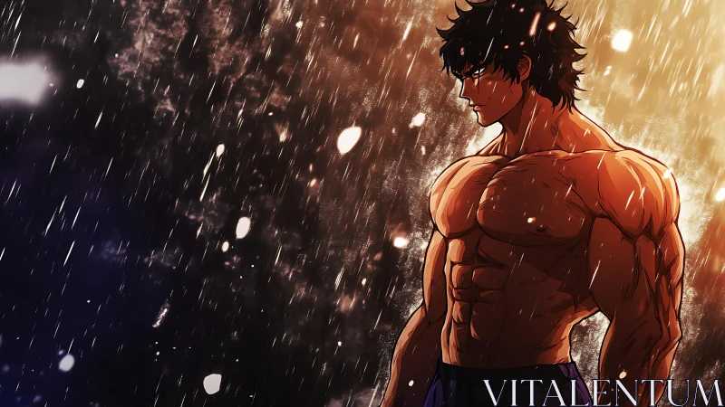 Muscular anime warrior stands in stormlit golden rain.