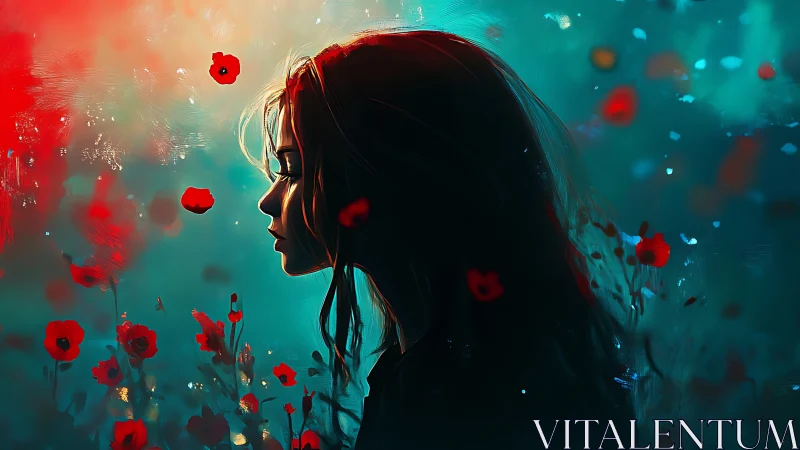 Silhouette girl profile contrasts neon teal and crimson field