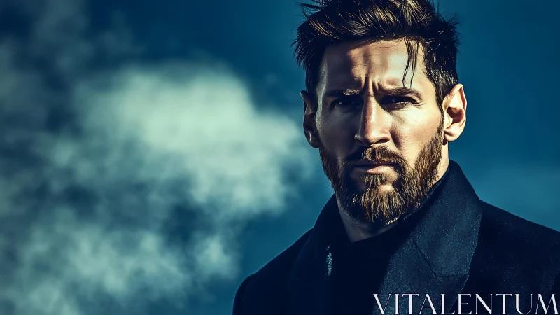 Cinematic male portrait in cold atmospheric backlit haze.