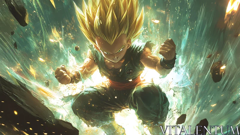 Golden-haired anime warrior unleashes explosive skyward power.