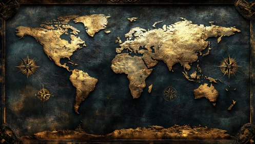 Golden embossed world map shimmers on deep teal canvas.