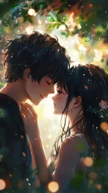 Side view of anime couple standing close under dappled light.