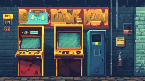 Row of retro arcade cabinets against a brick wall.