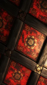 Ornate red and gold geometric panels with dark frames.