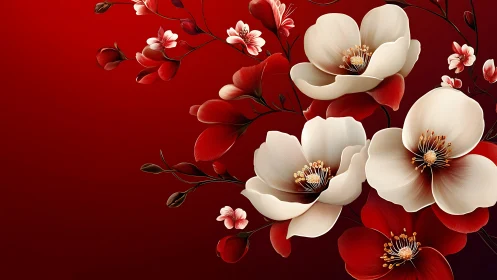 Elegant red and white floral arrangement on deep crimson background.