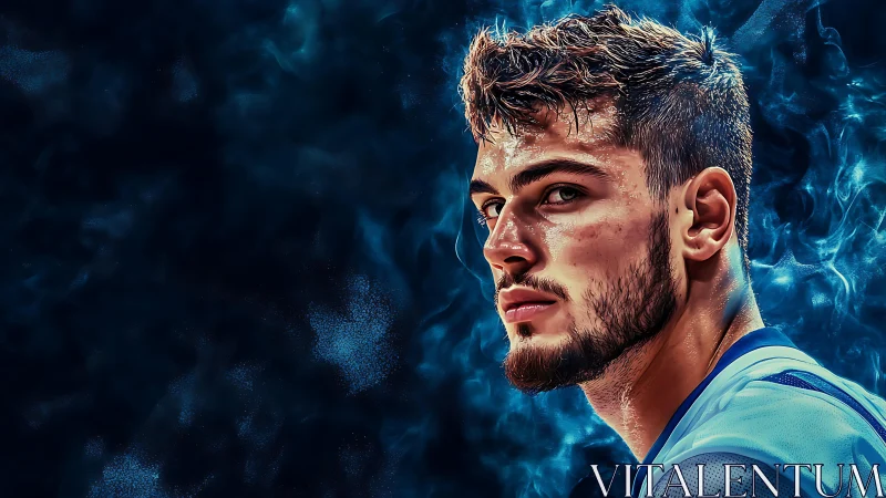 Focused athlete emerges from smoky blue digital energy haze