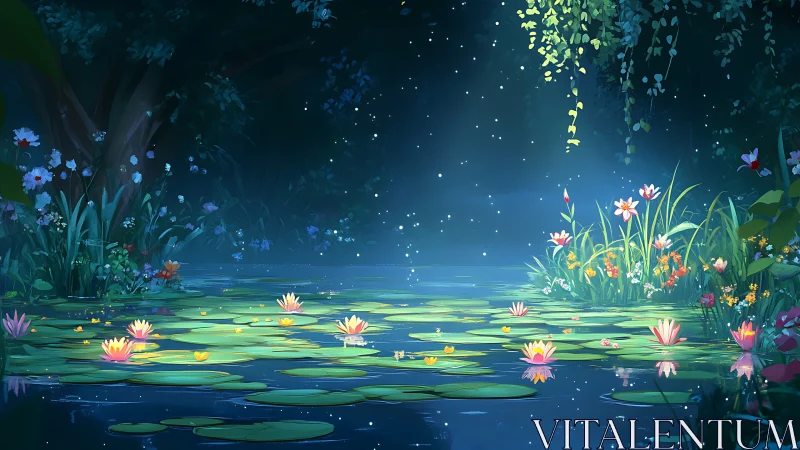 Moonlit lily pond glows with luminous enchanted stillness.