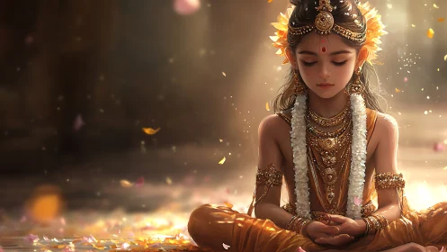 Young goddess in golden meditation amid drifting petals
