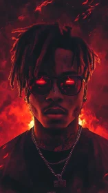 Cybernetic portrait in red inferno with glowing augmented eyes