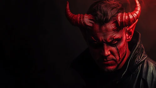Sinister horned demon portrait under brooding red light.