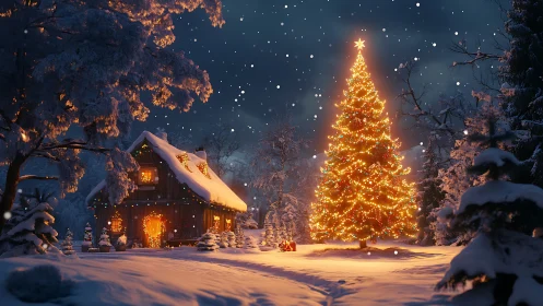 Snowy cabin and glowing outdoor Christmas tree at night.