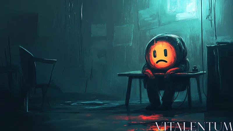 Figure with glowing face symbol sits alone in dim interior