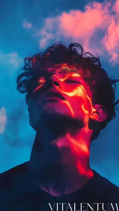 Portrait of youth under neon skylit clouds in vivid contrast