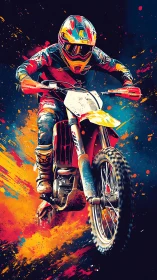 Explosive motocross jump amid neon paint bursts in motion.