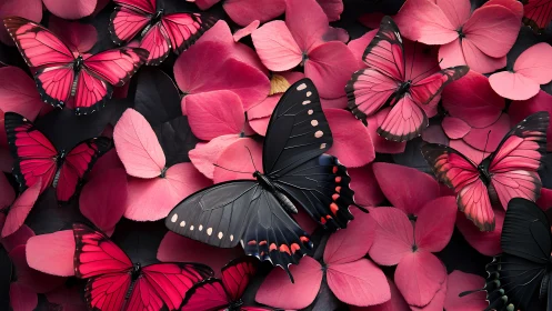 Black butterfly amid vivid pink butterflies and petals.