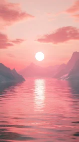Sunset over glacial fjord rendered in monochrome pink palette