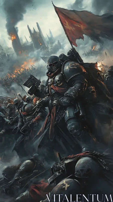 Grimdark armored crusaders storm a burning ruinous battlefield.