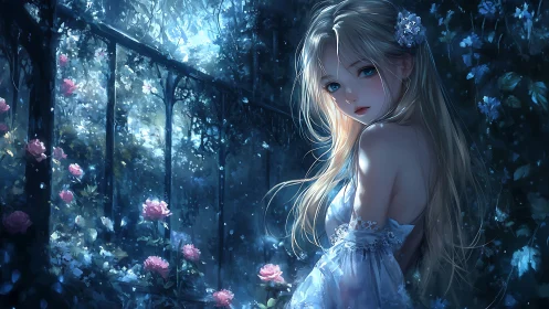 Moonlit rose garden muse in luminous blue enchantment.