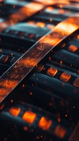 Glowing film strips with cinematic light and ember sparks.