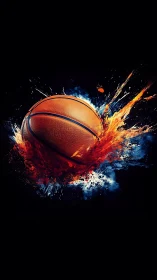 Blazing basketball comet explodes through inky cosmic night.