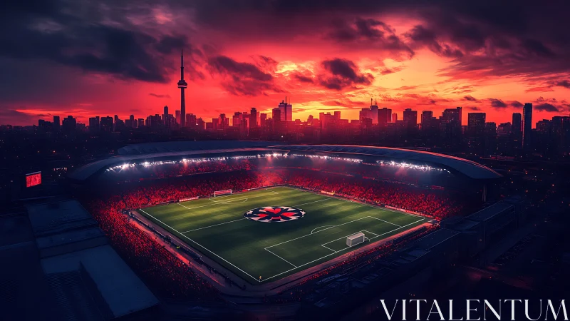 Sunset soccer stadium under vivid red city skyline.