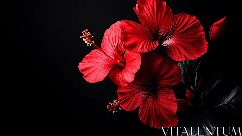 Crimson Hibiscus Blooms Against Stark Black Background with Dramatic Lighting