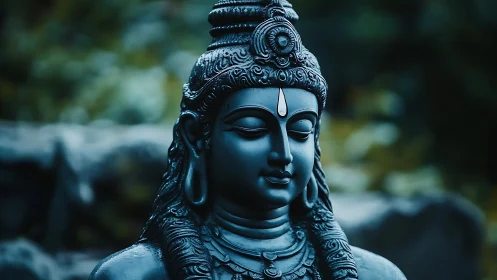 Monochrome blue stone statue of serene seated figure.
