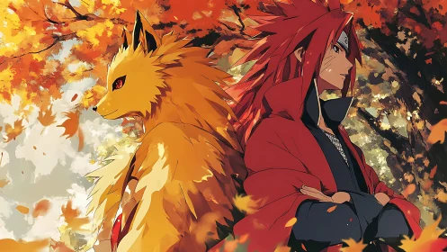 Autumn guardians stand together in a swirl of crimson leaves.