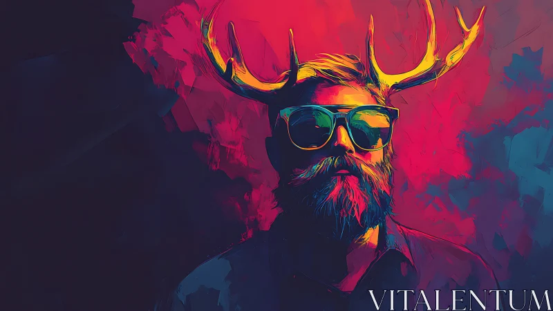Neon stag-helmed portrait in saturated digital abstraction.