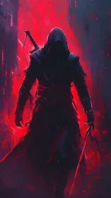 Hooded swordsman silhouette in red-lit abstract environment.