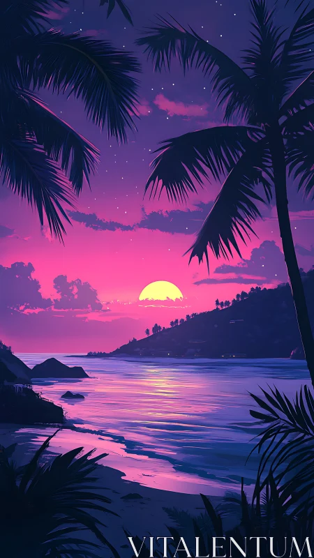 Neon magenta tropical sunset with silhouetted palms and bay shoreline