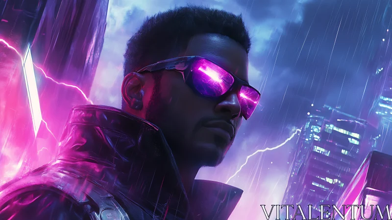 Cybernetic antihero framed in neon storm-lit urban skyline