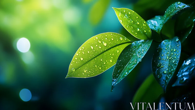 Fresh green leaves sparkle with morning raindrops after rain.