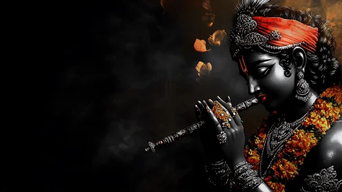 Digital deity portrait with flute, marigold garland, deep chiaroscuro