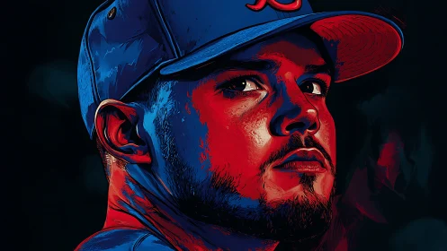 Digital portrait of baseball player in bold red and blue tones.