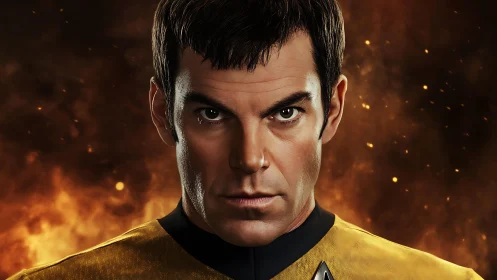 Sci fi officer portrait with intense fiery background.