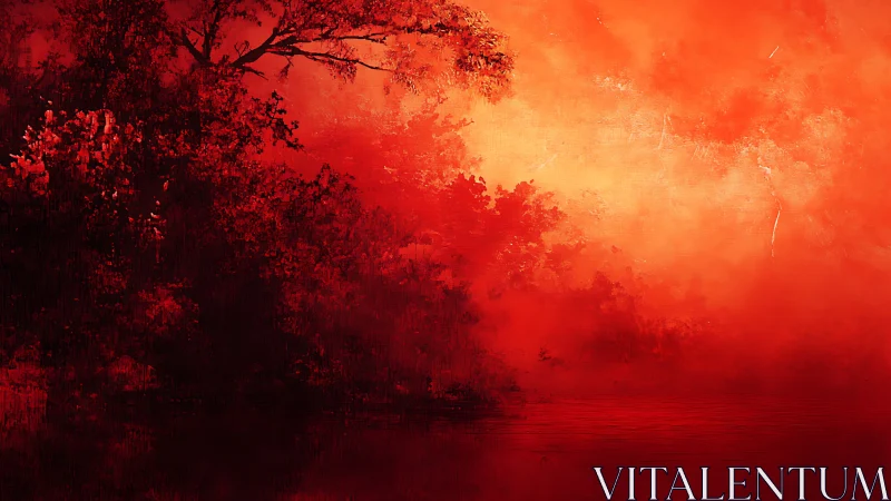 Crimson forest landscape with misty dawn reflection.