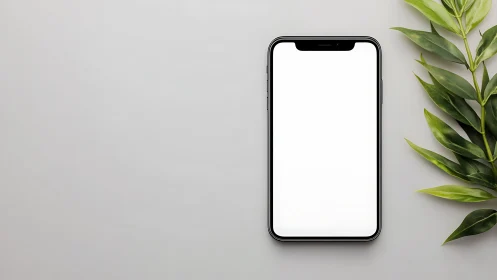 Smartphone Mockup on Neutral Surface with Fresh Green Plant Leaves