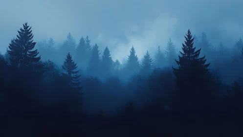 Misty Forest Landscape with Layered Evergreen Trees