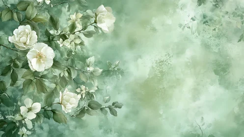 White Garden Roses Watercolor with Soft Green Background.