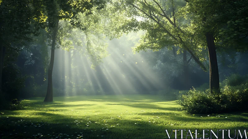 Sunlit forest clearing glows with soft morning rays.